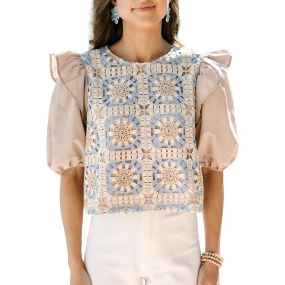 Tops - Women Crochet Crop Top Summer Floral Eyelet Ruffle Sleeve Casual Boho